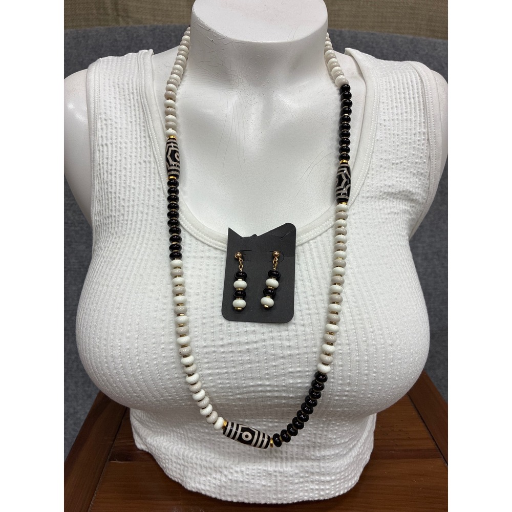 Handmade Black White Dzi Eye Beaded Necklace and Earrings Jewelry Set Long